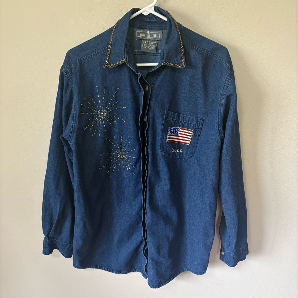 Vintage 2000 Sequin 4th of July Denim Button Down